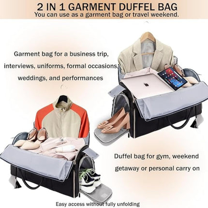 FUOCO Carry On Travel Bag, Large PU Leather Garment Duffle Bag for Women Men, Waterproof Convertible Garment Bags for Travel, 2 in 1 Hanging Suitcase Dress Suit Traveling Bag with 1 Year Warranty 