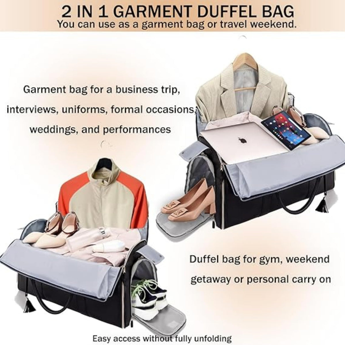 FUOCO Carry On Travel Bag, Large PU Leather Garment Duffle Bag for Women Men, Waterproof Convertible Garment Bags for Travel, 2 in 1 Hanging Suitcase Dress Suit Traveling Bag with 1 Year Warranty 