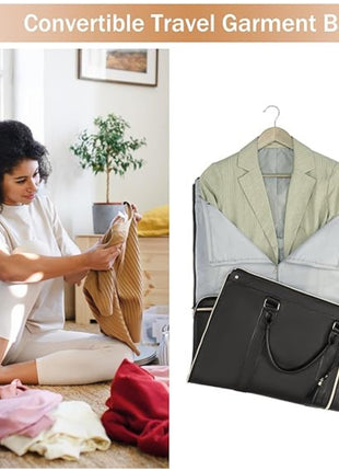 FUOCO Carry On Travel Bag, Large PU Leather Garment Duffle Bag for Women Men, Waterproof Convertible Garment Bags for Travel, 2 in 1 Hanging Suitcase Dress Suit Traveling Bag with 1 Year Warranty 