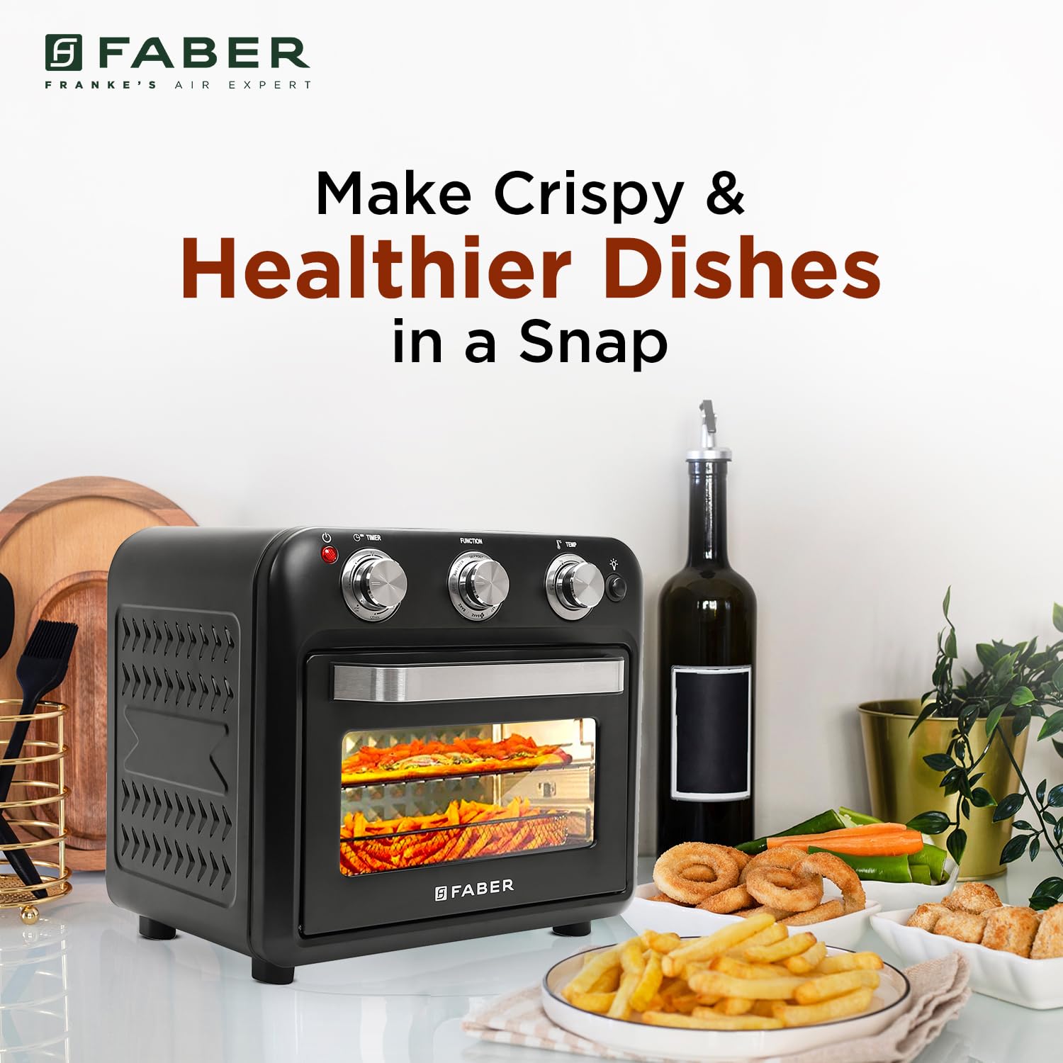 Faber 20 liter 1500 Watts Air Fryer Oven|Fry, Bake, Roast, Toast, Defrost, Grill, Reheat & Broil|85% Less Oil|Temperature & Timer Control, Preset Cooking Options, Convection Function, Auto-Off|(Black) 