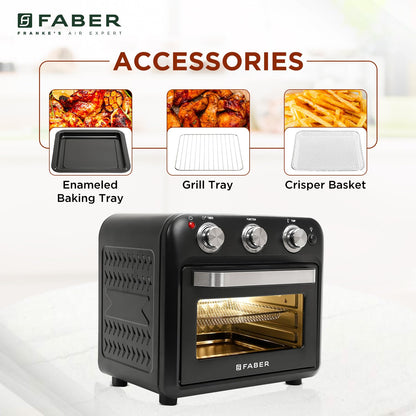 Faber 20 liter 1500 Watts Air Fryer Oven|Fry, Bake, Roast, Toast, Defrost, Grill, Reheat & Broil|85% Less Oil|Temperature & Timer Control, Preset Cooking Options, Convection Function, Auto-Off|(Black) 