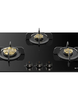 Faber 3 Burner 70cm Hob |Auto-Ignition| HOB PRIME HT703 CRS BR CI AI |Metal Knobs| Cast Iron Pan Support |Hob/Cooktop Hybrid| Black Glass Finish |5 Yr Warranty on Glass,Valve & 2 Yr on Burner by Faber 