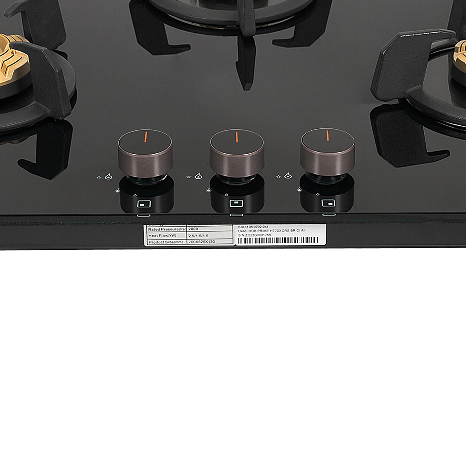 Faber 3 Burner 70cm Hob |Auto-Ignition| HOB PRIME HT703 CRS BR CI AI |Metal Knobs| Cast Iron Pan Support |Hob/Cooktop Hybrid| Black Glass Finish |5 Yr Warranty on Glass,Valve & 2 Yr on Burner by Faber 