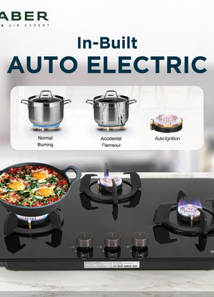 Faber 3 Burner 70cm Hob |Auto-Ignition| HOB PRIME HT703 CRS BR CI AI |Metal Knobs| Cast Iron Pan Support |Hob/Cooktop Hybrid| Black Glass Finish |5 Yr Warranty on Glass,Valve & 2 Yr on Burner by Faber 