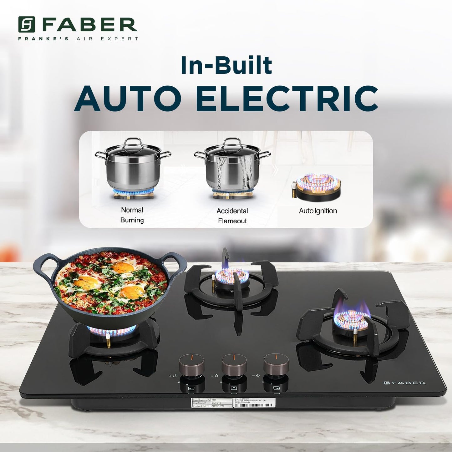 Faber 3 Burner 70cm Hob |Auto-Ignition| HOB PRIME HT703 CRS BR CI AI |Metal Knobs| Cast Iron Pan Support |Hob/Cooktop Hybrid| Black Glass Finish |5 Yr Warranty on Glass,Valve & 2 Yr on Burner by Faber 
