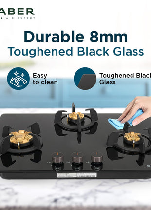 Faber 3 Burner 70cm Hob |Auto-Ignition| HOB PRIME HT703 CRS BR CI AI |Metal Knobs| Cast Iron Pan Support |Hob/Cooktop Hybrid| Black Glass Finish |5 Yr Warranty on Glass,Valve & 2 Yr on Burner by Faber 