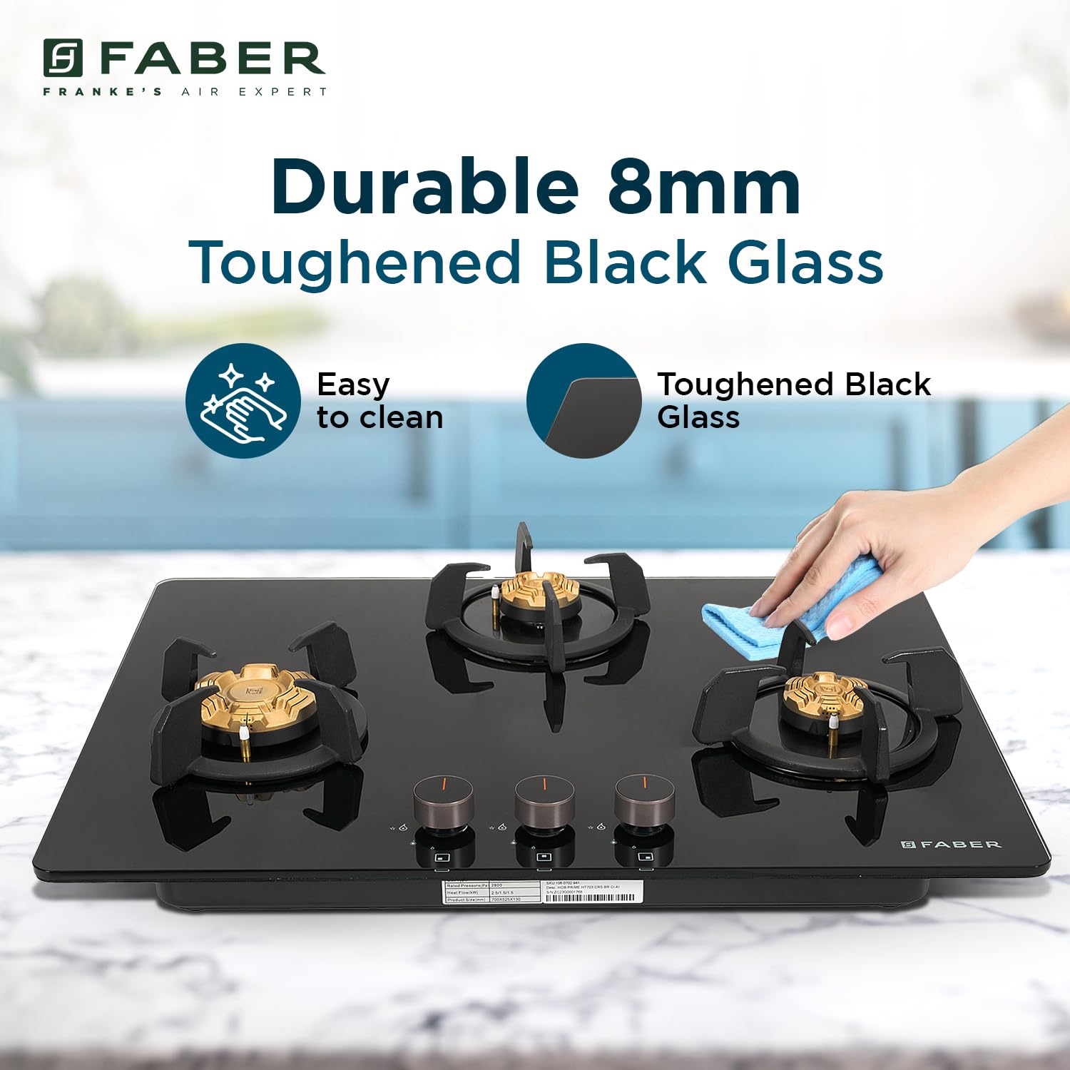 Faber 3 Burner 70cm Hob |Auto-Ignition| HOB PRIME HT703 CRS BR CI AI |Metal Knobs| Cast Iron Pan Support |Hob/Cooktop Hybrid| Black Glass Finish |5 Yr Warranty on Glass,Valve & 2 Yr on Burner by Faber 
