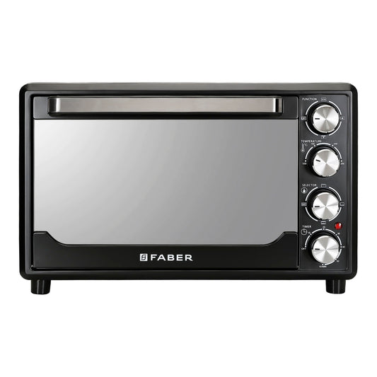 Faber 34L Double Glazed 1600W OTG|Bake, Toast, Roast, Grill|6 Functions, Upper & Lower Heating, Rotisserie, 360° Convection,Crumb Tray, Double Glaze Glass|Bake Plate, Pizza Plate, Silicon Gloves|Black 