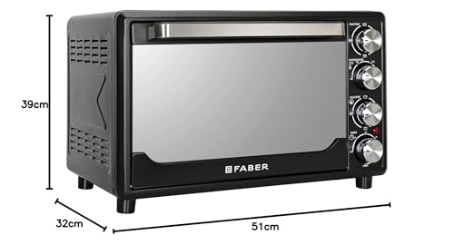 Faber 34L Double Glazed 1600W OTG|Bake, Toast, Roast, Grill|6 Functions, Upper & Lower Heating, Rotisserie, 360° Convection,Crumb Tray, Double Glaze Glass|Bake Plate, Pizza Plate, Silicon Gloves|Black 