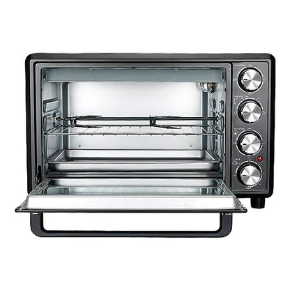 Faber 34L Double Glazed 1600W OTG|Bake, Toast, Roast, Grill|6 Functions, Upper & Lower Heating, Rotisserie, 360° Convection,Crumb Tray, Double Glaze Glass|Bake Plate, Pizza Plate, Silicon Gloves|Black 