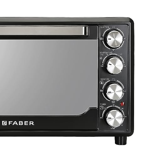 Faber 34L Double Glazed 1600W OTG|Bake, Toast, Roast, Grill|6 Functions, Upper & Lower Heating, Rotisserie, 360° Convection,Crumb Tray, Double Glaze Glass|Bake Plate, Pizza Plate, Silicon Gloves|Black 