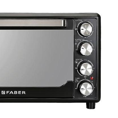Faber 34L Double Glazed 1600W OTG|Bake, Toast, Roast, Grill|6 Functions, Upper & Lower Heating, Rotisserie, 360° Convection,Crumb Tray, Double Glaze Glass|Bake Plate, Pizza Plate, Silicon Gloves|Black 