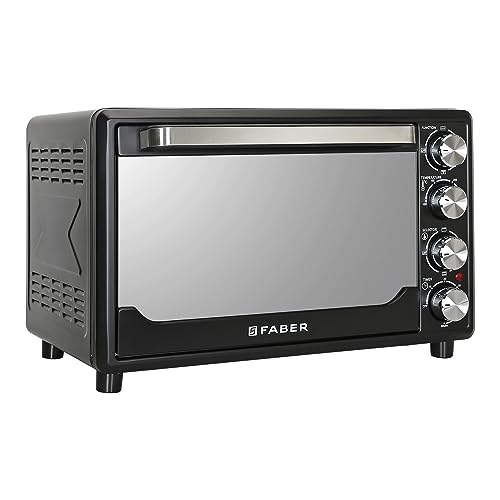 Faber 34L Double Glazed 1600W OTG|Bake, Toast, Roast, Grill|6 Functions, Upper & Lower Heating, Rotisserie, 360° Convection,Crumb Tray, Double Glaze Glass|Bake Plate, Pizza Plate, Silicon Gloves|Black 