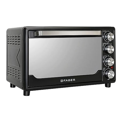 Faber 34L Double Glazed 1600W OTG|Bake, Toast, Roast, Grill|6 Functions, Upper & Lower Heating, Rotisserie, 360° Convection,Crumb Tray, Double Glaze Glass|Bake Plate, Pizza Plate, Silicon Gloves|Black 