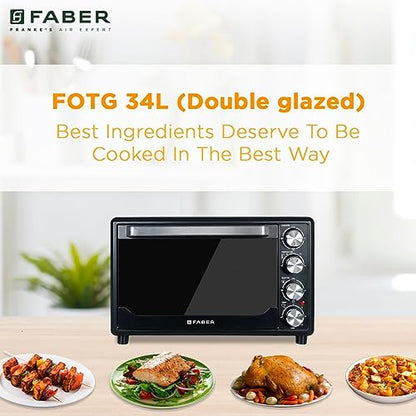 Faber 34L Double Glazed 1600W OTG|Bake, Toast, Roast, Grill|6 Functions, Upper & Lower Heating, Rotisserie, 360° Convection,Crumb Tray, Double Glaze Glass|Bake Plate, Pizza Plate, Silicon Gloves|Black 