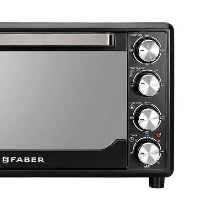 Faber 34L Double Glazed 1600W OTG|Bake, Toast, Roast, Grill|6 Functions, Upper & Lower Heating, Rotisserie, 360° Convection,Crumb Tray, Double Glaze Glass|Bake Plate, Pizza Plate, Silicon Gloves|Black 