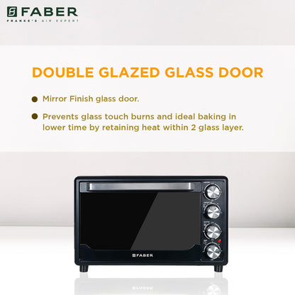 Faber 34L Double Glazed 1600W OTG|Bake, Toast, Roast, Grill|6 Functions, Upper & Lower Heating, Rotisserie, 360° Convection,Crumb Tray, Double Glaze Glass|Bake Plate, Pizza Plate, Silicon Gloves|Black 