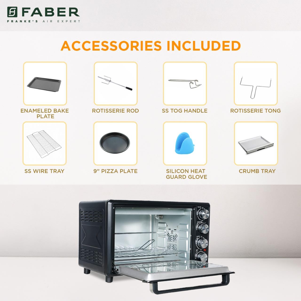 Faber 34L Double Glazed 1600W OTG|Bake, Toast, Roast, Grill|6 Functions, Upper & Lower Heating, Rotisserie, 360° Convection,Crumb Tray, Double Glaze Glass|Bake Plate, Pizza Plate, Silicon Gloves|Black 