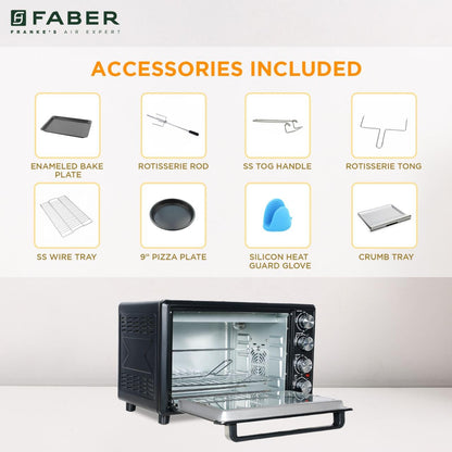Faber 34L Double Glazed 1600W OTG|Bake, Toast, Roast, Grill|6 Functions, Upper & Lower Heating, Rotisserie, 360° Convection,Crumb Tray, Double Glaze Glass|Bake Plate, Pizza Plate, Silicon Gloves|Black 