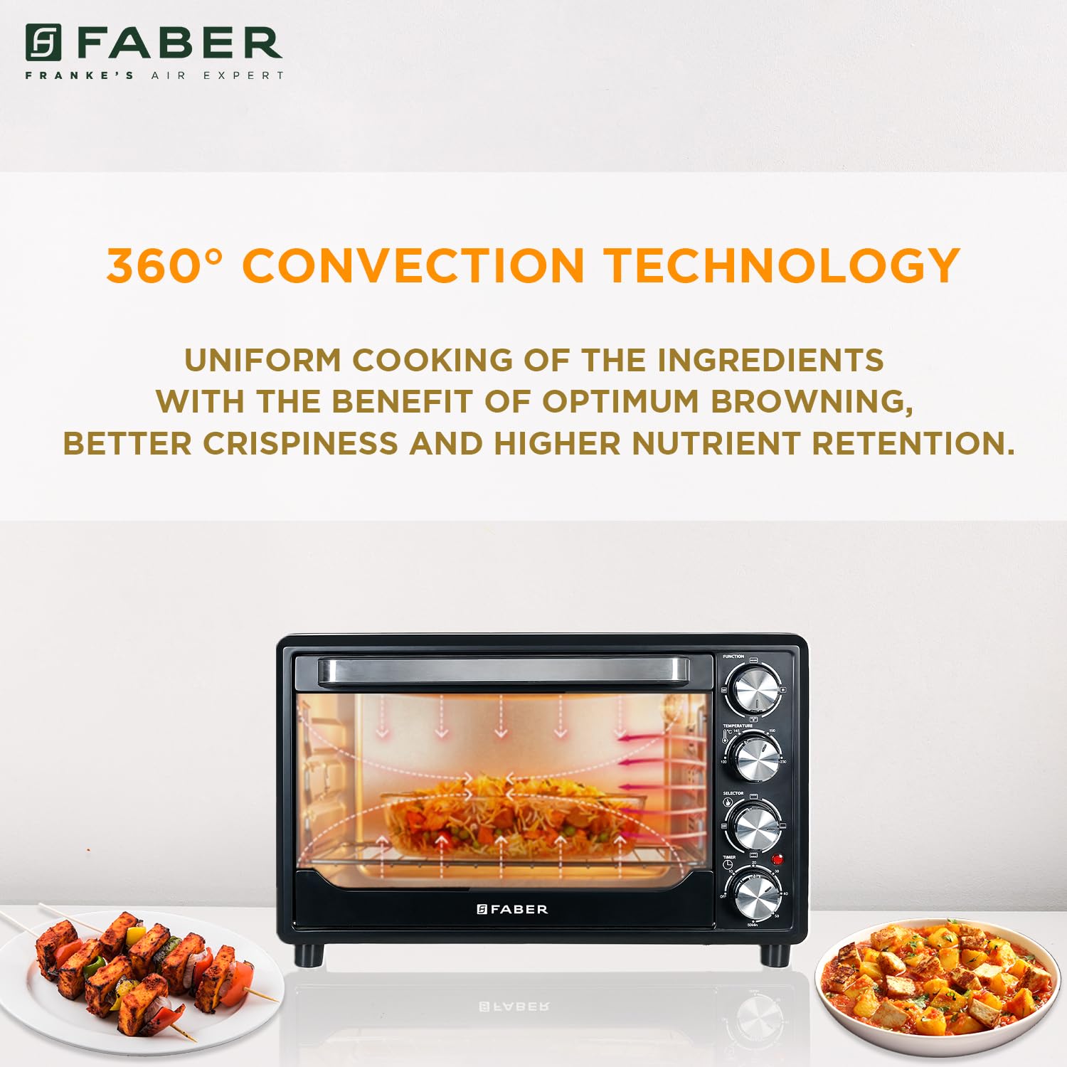 Faber 34L Double Glazed 1600W OTG|Bake, Toast, Roast, Grill|6 Functions, Upper & Lower Heating, Rotisserie, 360° Convection,Crumb Tray, Double Glaze Glass|Bake Plate, Pizza Plate, Silicon Gloves|Black 