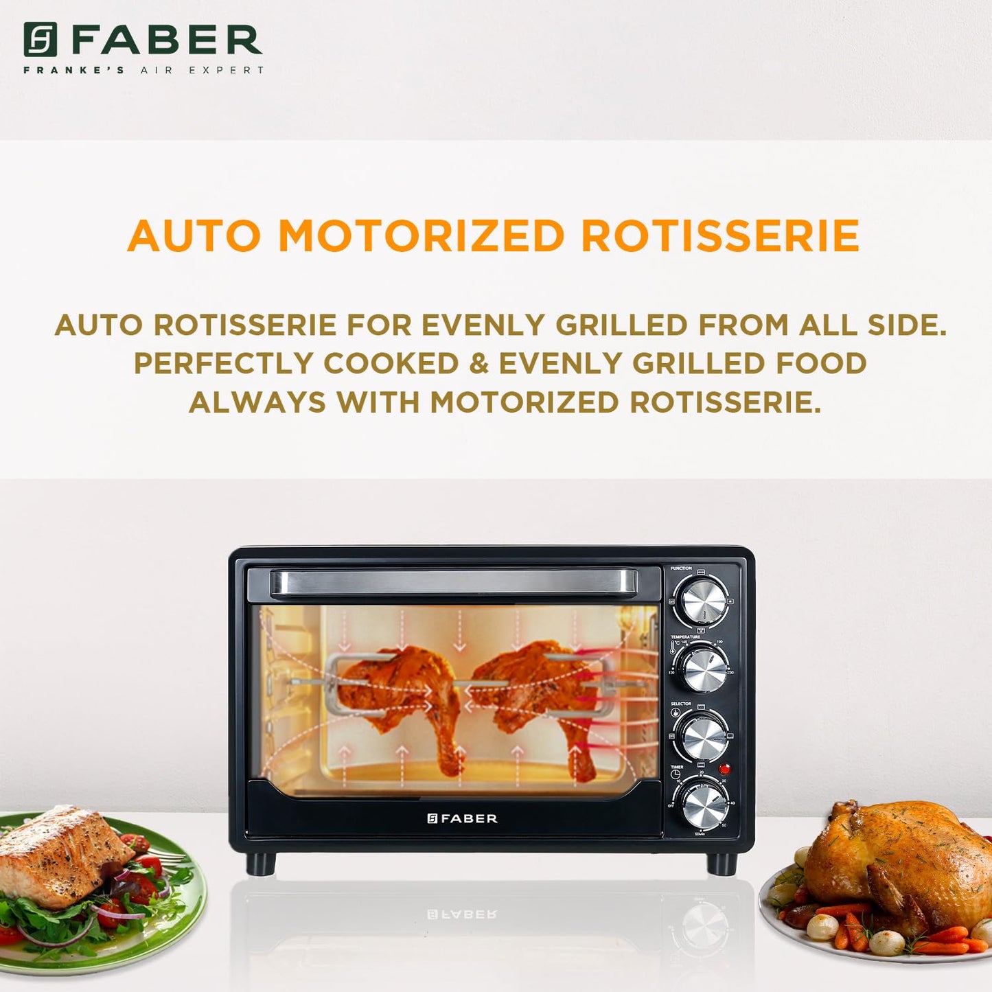 Faber 34L Double Glazed 1600W OTG|Bake, Toast, Roast, Grill|6 Functions, Upper & Lower Heating, Rotisserie, 360° Convection,Crumb Tray, Double Glaze Glass|Bake Plate, Pizza Plate, Silicon Gloves|Black 