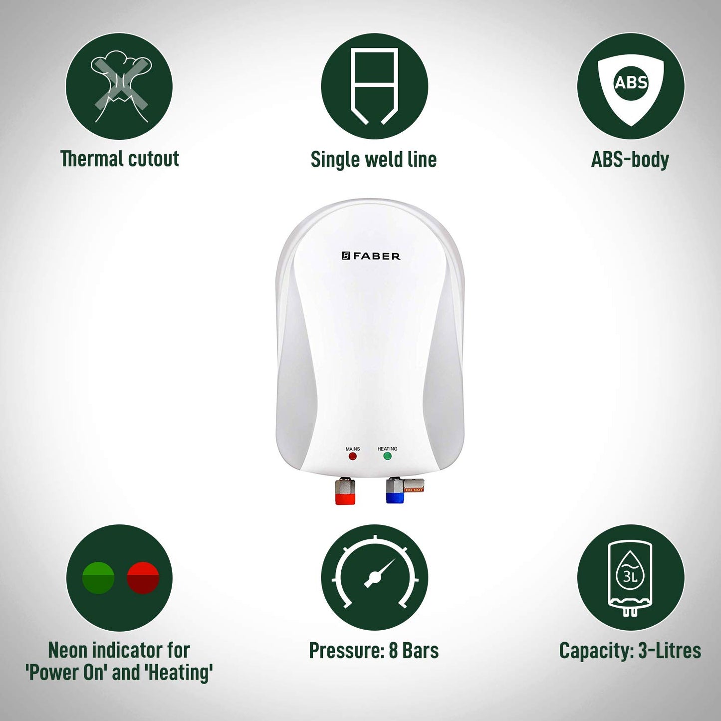 Faber 3Ltr 4.5KW Instant Water Heater (FWG Insta 3L / 4.5 kw), 5 Year Warranty on Tank, White 