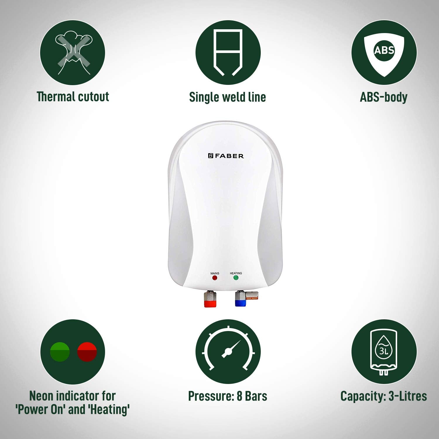 Faber 3Ltr 4.5KW Instant Water Heater (FWG Insta 3L / 4.5 kw), 5 Year Warranty on Tank, White 