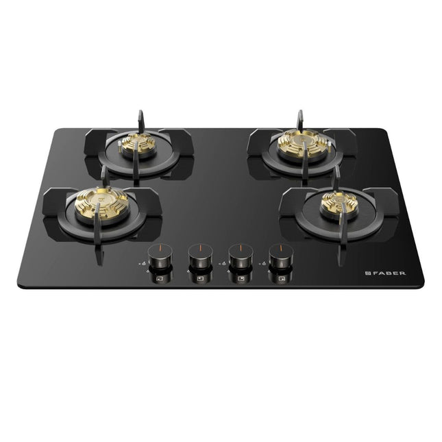 Faber 4 Burner 70Cm HOB |Auto Ignition| HOB PRIME HT704 CRS BR CI AI |Metal Knobs| Cast Iron Pan Support |HOB/Cooktop Hybrid| Black Glass Finish |5 Yrs Warranty On Glass & Valve | 2 Yrs On Burner 