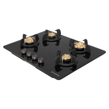 Faber 4 Burner 70Cm HOB |Auto Ignition| HOB PRIME HT704 CRS BR CI AI |Metal Knobs| Cast Iron Pan Support |HOB/Cooktop Hybrid| Black Glass Finish |5 Yrs Warranty On Glass & Valve | 2 Yrs On Burner 