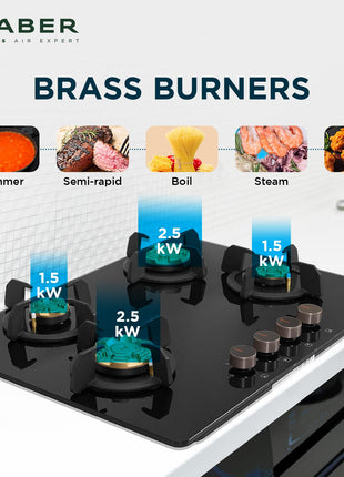 Faber 4 Burner 70Cm HOB |Auto Ignition| HOB PRIME HT704 CRS BR CI AI |Metal Knobs| Cast Iron Pan Support |HOB/Cooktop Hybrid| Black Glass Finish |5 Yrs Warranty On Glass & Valve | 2 Yrs On Burner 