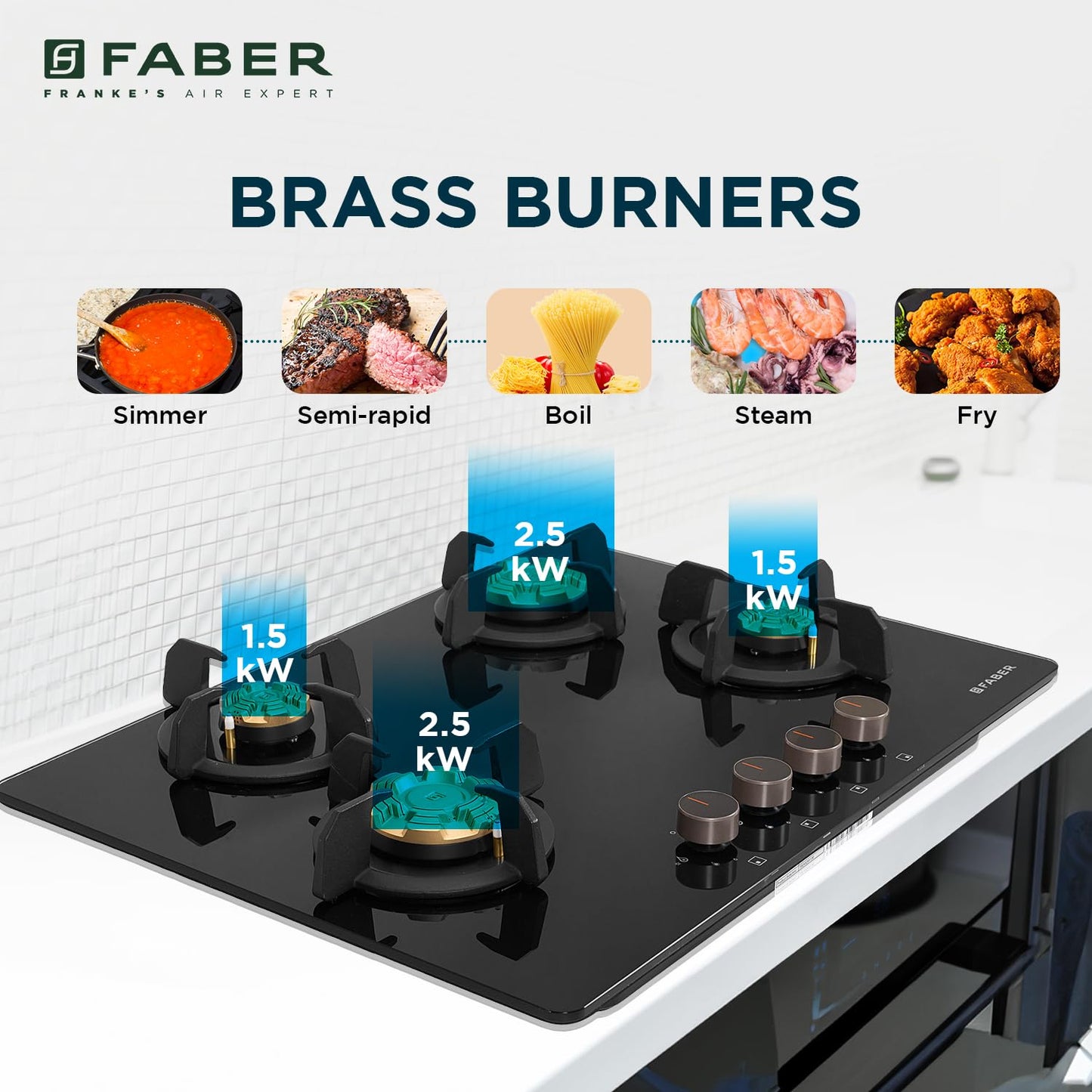 Faber 4 Burner 70Cm HOB |Auto Ignition| HOB PRIME HT704 CRS BR CI AI |Metal Knobs| Cast Iron Pan Support |HOB/Cooktop Hybrid| Black Glass Finish |5 Yrs Warranty On Glass & Valve | 2 Yrs On Burner 