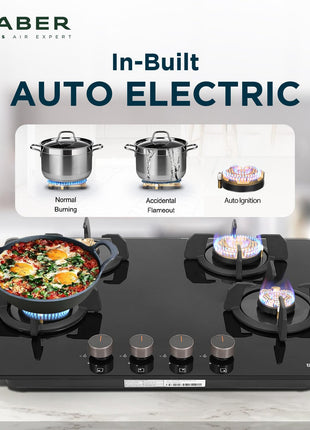 Faber 4 Burner 70Cm HOB |Auto Ignition| HOB PRIME HT704 CRS BR CI AI |Metal Knobs| Cast Iron Pan Support |HOB/Cooktop Hybrid| Black Glass Finish |5 Yrs Warranty On Glass & Valve | 2 Yrs On Burner 