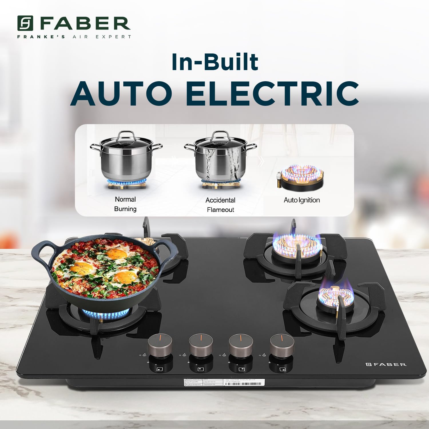 Faber 4 Burner 70Cm HOB |Auto Ignition| HOB PRIME HT704 CRS BR CI AI |Metal Knobs| Cast Iron Pan Support |HOB/Cooktop Hybrid| Black Glass Finish |5 Yrs Warranty On Glass & Valve | 2 Yrs On Burner 