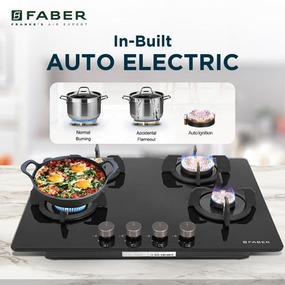 Faber 4 Burner 70Cm HOB |Auto Ignition| HOB PRIME HT704 CRS BR CI AI |Metal Knobs| Cast Iron Pan Support |HOB/Cooktop Hybrid| Black Glass Finish |5 Yrs Warranty On Glass & Valve | 2 Yrs On Burner 