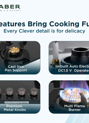 Faber 4 Burner 70Cm HOB |Auto Ignition| HOB PRIME HT704 CRS BR CI AI |Metal Knobs| Cast Iron Pan Support |HOB/Cooktop Hybrid| Black Glass Finish |5 Yrs Warranty On Glass & Valve | 2 Yrs On Burner 