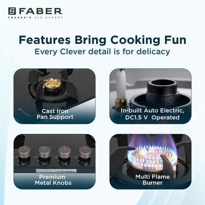 Faber 4 Burner 70Cm HOB |Auto Ignition| HOB PRIME HT704 CRS BR CI AI |Metal Knobs| Cast Iron Pan Support |HOB/Cooktop Hybrid| Black Glass Finish |5 Yrs Warranty On Glass & Valve | 2 Yrs On Burner 