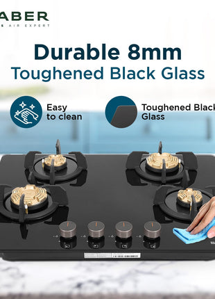 Faber 4 Burner 70Cm HOB |Auto Ignition| HOB PRIME HT704 CRS BR CI AI |Metal Knobs| Cast Iron Pan Support |HOB/Cooktop Hybrid| Black Glass Finish |5 Yrs Warranty On Glass & Valve | 2 Yrs On Burner 