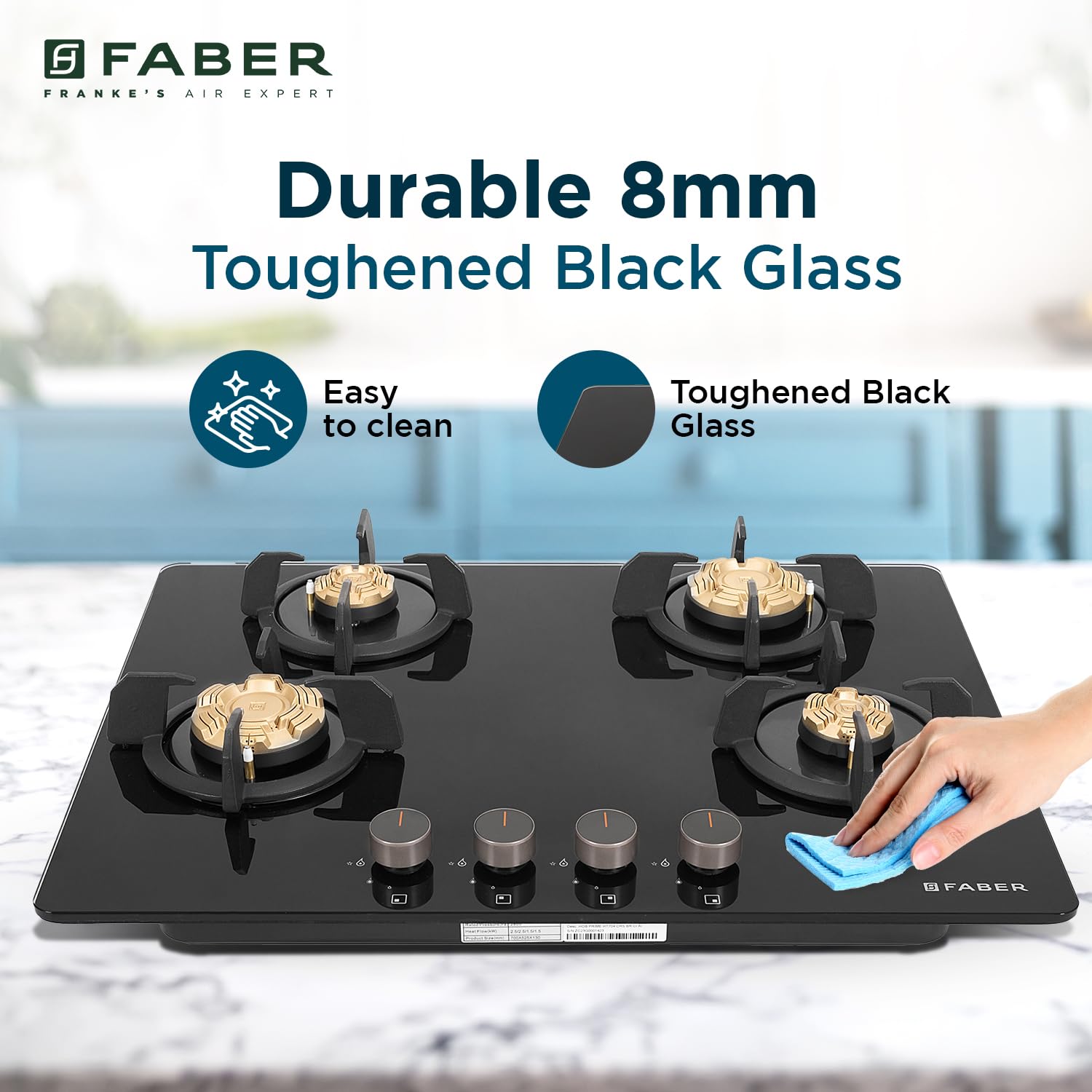Faber 4 Burner 70Cm HOB |Auto Ignition| HOB PRIME HT704 CRS BR CI AI |Metal Knobs| Cast Iron Pan Support |HOB/Cooktop Hybrid| Black Glass Finish |5 Yrs Warranty On Glass & Valve | 2 Yrs On Burner 