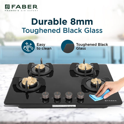 Faber 4 Burner 70Cm HOB |Auto Ignition| HOB PRIME HT704 CRS BR CI AI |Metal Knobs| Cast Iron Pan Support |HOB/Cooktop Hybrid| Black Glass Finish |5 Yrs Warranty On Glass & Valve | 2 Yrs On Burner 