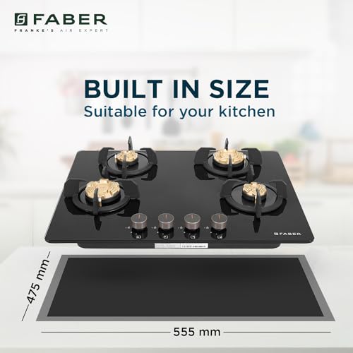 Faber 4 Burner 70Cm HOB |Auto Ignition| HOB PRIME HT704 CRS BR CI AI |Metal Knobs| Cast Iron Pan Support |HOB/Cooktop Hybrid| Black Glass Finish |5 Yrs Warranty On Glass & Valve | 2 Yrs On Burner 