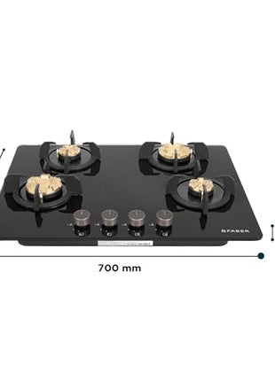 Faber 4 Burner 70Cm HOB |Auto Ignition| HOB PRIME HT704 CRS BR CI AI |Metal Knobs| Cast Iron Pan Support |HOB/Cooktop Hybrid| Black Glass Finish |5 Yrs Warranty On Glass & Valve | 2 Yrs On Burner 