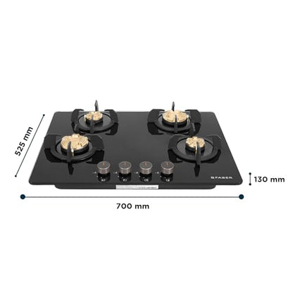 Faber 4 Burner 70Cm HOB |Auto Ignition| HOB PRIME HT704 CRS BR CI AI |Metal Knobs| Cast Iron Pan Support |HOB/Cooktop Hybrid| Black Glass Finish |5 Yrs Warranty On Glass & Valve | 2 Yrs On Burner 