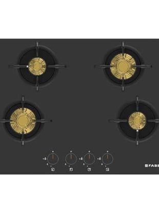 Faber 4 Burner 70Cm HOB |Auto Ignition| HOB PRIME HT704 CRS BR CI AI |Metal Knobs| Cast Iron Pan Support |HOB/Cooktop Hybrid| Black Glass Finish |5 Yrs Warranty On Glass & Valve | 2 Yrs On Burner 