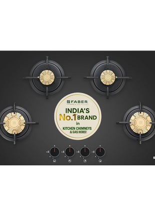 Faber 4 Burner 90Cm HOB |Auto Ignition| HOB PRIME HT904 CRS BR CI AI |Metal Knobs| Cast Iron Pan Support|HOB/Cooktop Hybrid|Black Glass Finish |5 Yrs Warranty On Glass,Valve & 2 Yrs On Burner 