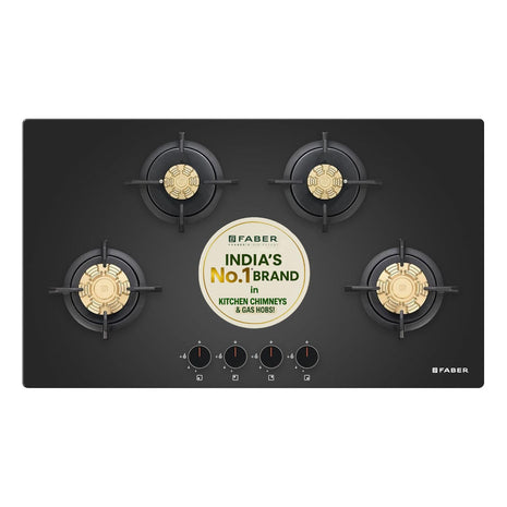 Faber 4 Burner 90Cm HOB |Auto Ignition| HOB PRIME HT904 CRS BR CI AI |Metal Knobs| Cast Iron Pan Support|HOB/Cooktop Hybrid|Black Glass Finish |5 Yrs Warranty On Glass,Valve & 2 Yrs On Burner 