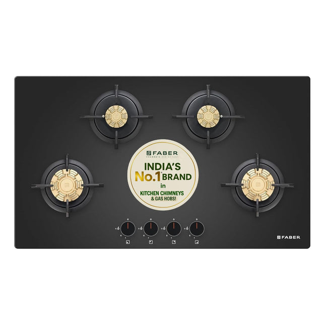 Faber 4 Burner 90Cm HOB |Auto Ignition| HOB PRIME HT904 CRS BR CI AI |Metal Knobs| Cast Iron Pan Support|HOB/Cooktop Hybrid|Black Glass Finish |5 Yrs Warranty On Glass,Valve & 2 Yrs On Burner 