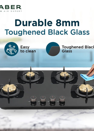 Faber 4 Burner 90Cm HOB |Auto Ignition| HOB PRIME HT904 CRS BR CI AI |Metal Knobs| Cast Iron Pan Support|HOB/Cooktop Hybrid|Black Glass Finish |5 Yrs Warranty On Glass,Valve & 2 Yrs On Burner 
