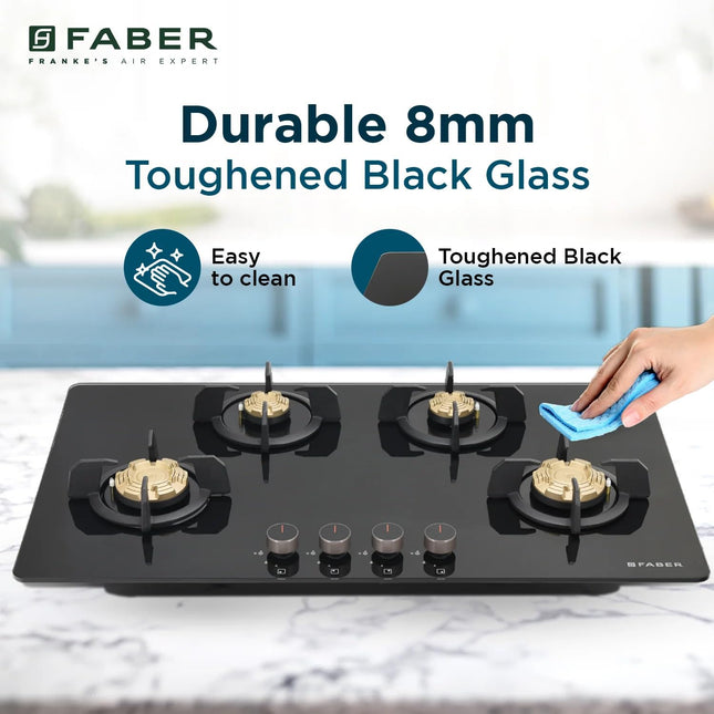 Faber 4 Burner 90Cm HOB |Auto Ignition| HOB PRIME HT904 CRS BR CI AI |Metal Knobs| Cast Iron Pan Support|HOB/Cooktop Hybrid|Black Glass Finish |5 Yrs Warranty On Glass,Valve & 2 Yrs On Burner 