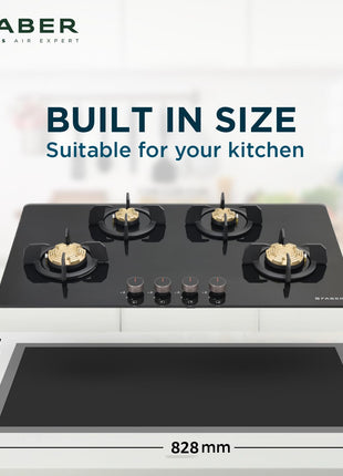 Faber 4 Burner 90Cm HOB |Auto Ignition| HOB PRIME HT904 CRS BR CI AI |Metal Knobs| Cast Iron Pan Support|HOB/Cooktop Hybrid|Black Glass Finish |5 Yrs Warranty On Glass,Valve & 2 Yrs On Burner 
