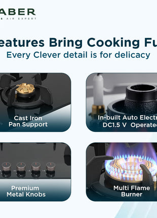 Faber 4 Burner 90Cm HOB |Auto Ignition| HOB PRIME HT904 CRS BR CI AI |Metal Knobs| Cast Iron Pan Support|HOB/Cooktop Hybrid|Black Glass Finish |5 Yrs Warranty On Glass,Valve & 2 Yrs On Burner 